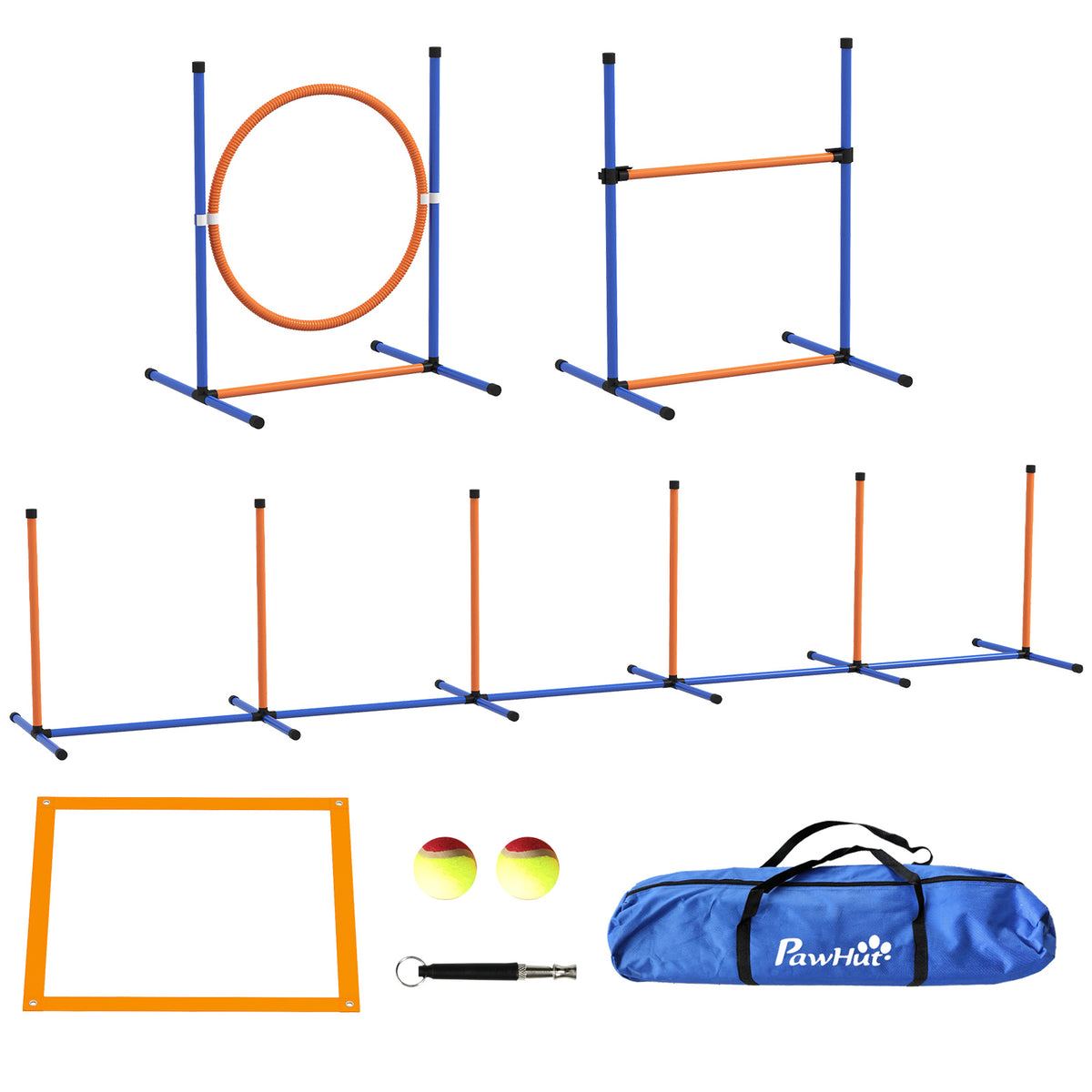 PawHut Dog Agility Training Equipment with Weave Poles, Jump Ring, Pause Box, Adjustable Hurdle, Carry Bag, Orange