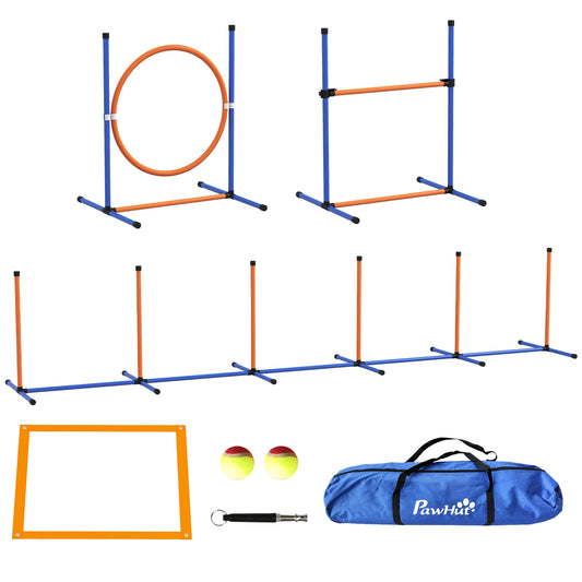 PawHut Dog Agility Training Equipment with Weave Poles, Jump Ring, Pause Box, Adjustable Hurdle, Carry Bag, Orange