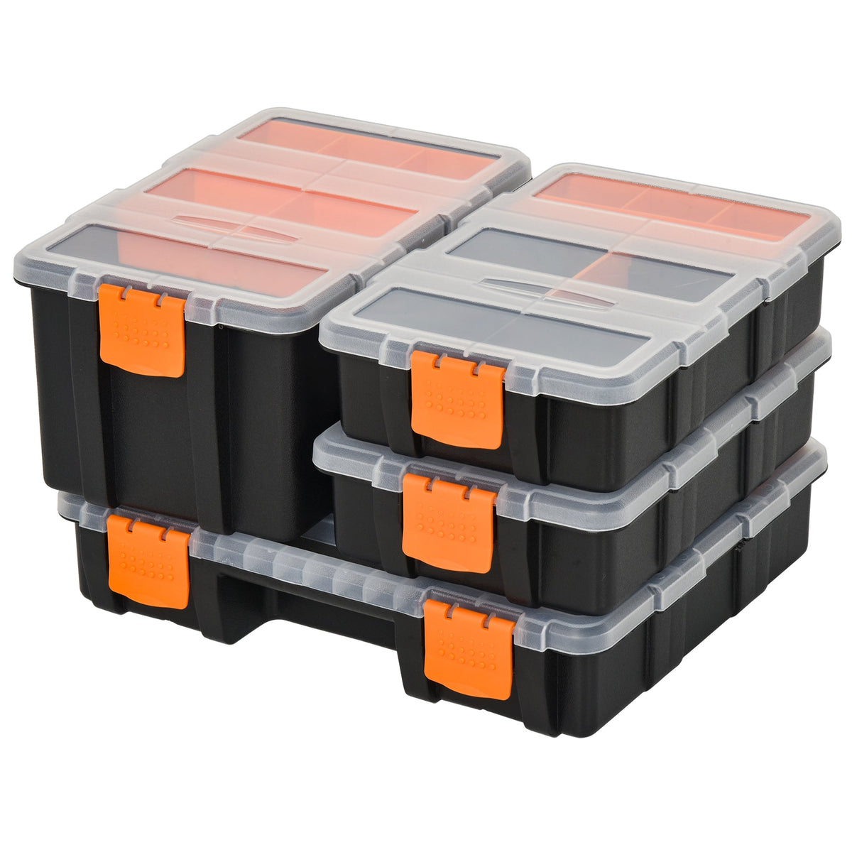 DURHAND Set Of 4 Plastic DIY Tool Storage Boxes w/ Inside Dividers Locking Lids Home Garage Organisation Stacking Arts Crafts Bolts Black Orange