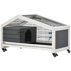 PawHut Rabbit Hutch, Wheeled Rabbit Cage w/ Water Bottle, Plastic Slide-Out Tray - Grey