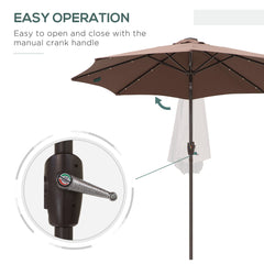 Outsunny â2.7m Garden 24 LED Light Parasol Solar Outdoor Tilt Sun Umbrella Patio Club Party Event Manual Sun Shade w/ Hand Crank and 8 Ribs, Brown