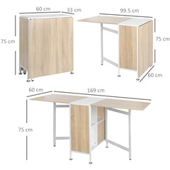 HOMCOM Foldable Drop Leaf Dining Table Folding Workstation for Small Space with Storage Shelves Cubes Oak & White