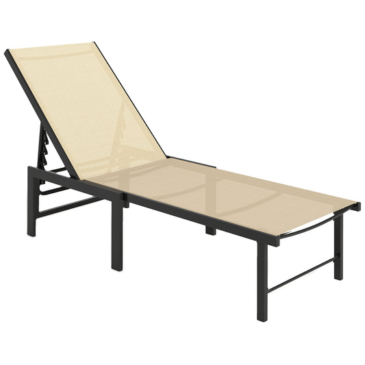 Outsunny Sun Lounger for Garden, 5-Level Adjustable Reclining Sun Lounger Chair, Flat Garden Lounger Sunbed with Texteline Seat, Steel Frame for Patio, Beach, Khaki