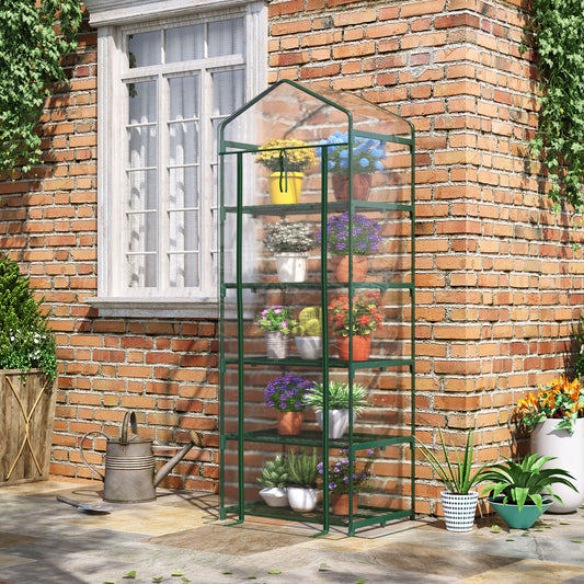 Outsunny 5 Tier Mini Greenhouse, Portable Greenhouse with Reinforced Plastic Cover, Garden Grow House with Roll Up Door and Shelves, 69 x 49 x 193cm, Green