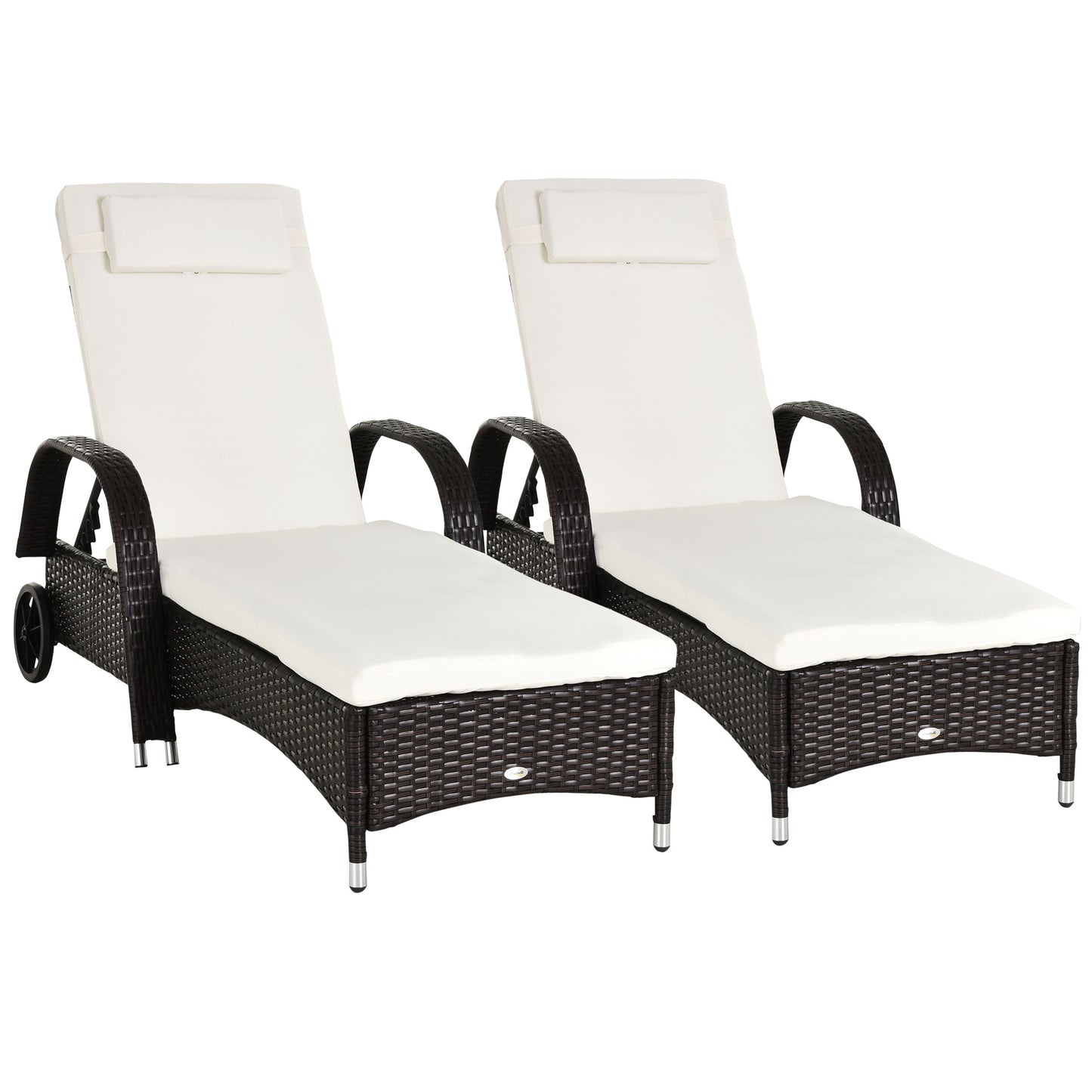 Outsunny 2PC Rattan Sun Lounger Recliner Bed Reclining Chair Patio Garden Outdoor Wicker Weave Adjustable Headrest with Fire Retardant Cushion √¢‚Ç¨‚Äú Brown