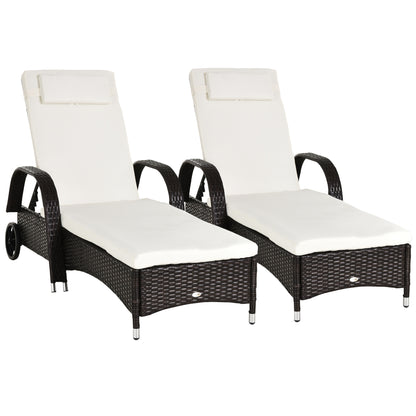 Outsunny 2PC Rattan Sun Lounger Recliner Bed Reclining Chair Patio Garden Outdoor Wicker Weave Adjustable Headrest with Fire Retardant Cushion √¢‚Ç¨‚Äú Brown