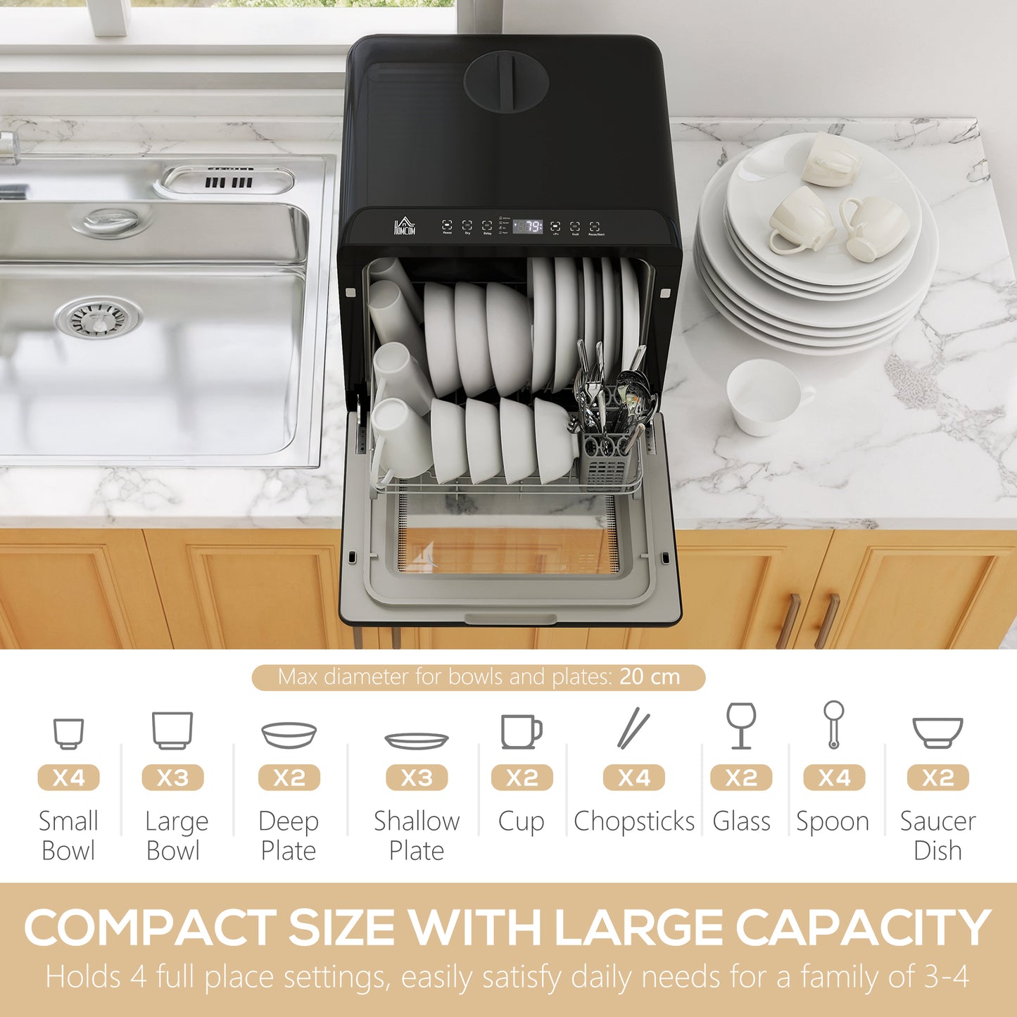 HOMCOM Table Top Dishwasher, Mini Countertop Dishwasher with Built-in 6L Water Tank, 6 Programs, Touch Control, LED Display, 4 Place Settings, Dual Water Supply and Air Drying Function, Black
