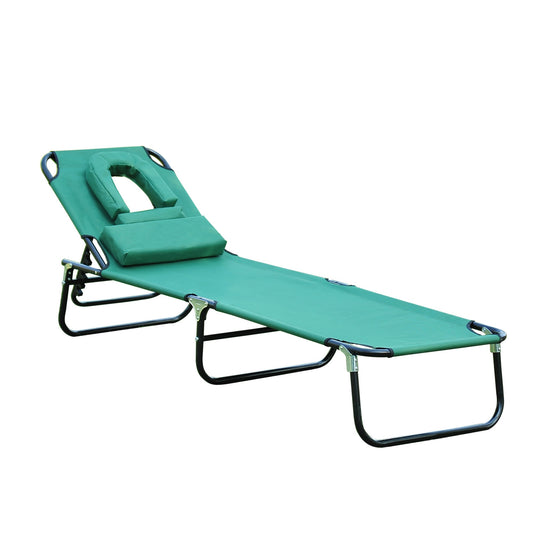 Outsunny Foldable Outdoor Sun Lounger Adjustable Backrest Reclining Chair with Pillow and Reading Hole Garden Beach, Dark Green