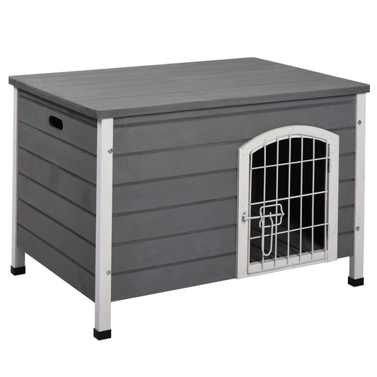 PawHut Wooden Dog House with Removable Bottom, Wire Door, Openable Top, Pet Shelter for Small Dog, 80 x 55 x 53.5cm, Dark Grey