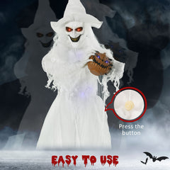 Outsunny 74 Inch Halloween Decorations White Witch Holding Pumpkin Head, Standing Skeleton Ghost Prop Life Size with Light Up Eyes and Body