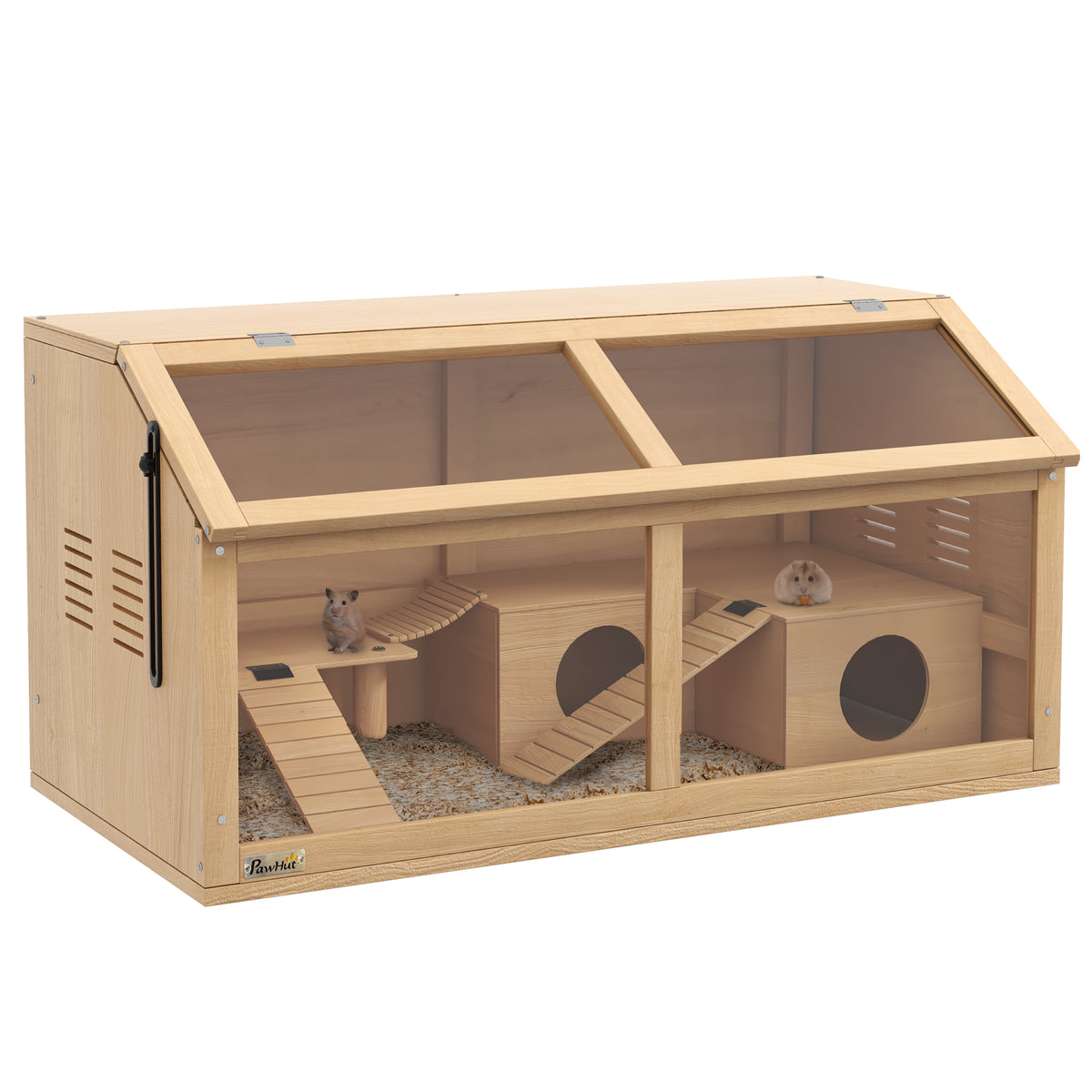 PawHut Hamster Cage, Wooden Small Animal Cage for Gerbils, Mice w/ Suspension Bridge, Openable Top, Hut, 85 x 45 x 44cm Nature