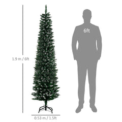 HOMCOM 6FT Artificial Snow Dipped Christmas Tree Xmas Pencil Tree Holiday Home Indoor Decoration with Foldable Black Stand, Green