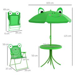 Outsunny Kids Outdoor Table and Chairs Garden Furniture Frog Pattern with Removable & Height Adjustable Sun Umbrella, Green