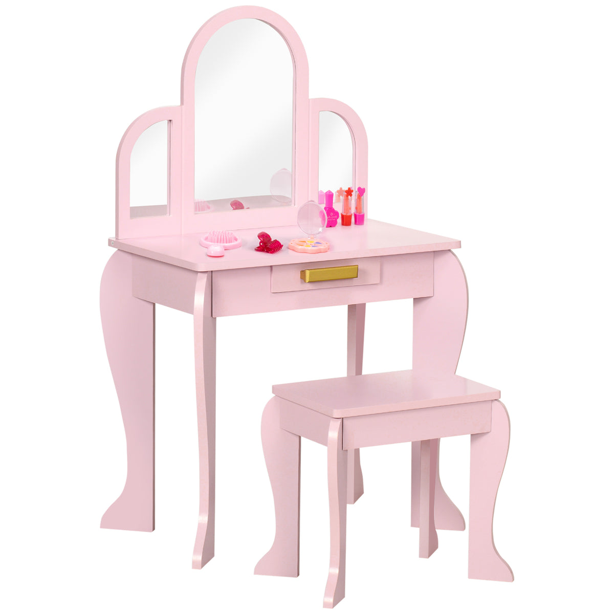 HOMCOM Kids Dressing Table Set, with Mirror and Drawer - Pink