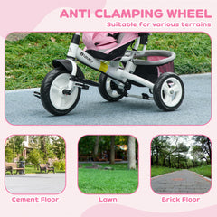 HOMCOM 6 in 1 Kids Trike Push Bike w/ Push Handle, Canopy, 5-point Safety Belt, Storage, Footrest, Brake, for 1-5 Years, Pink