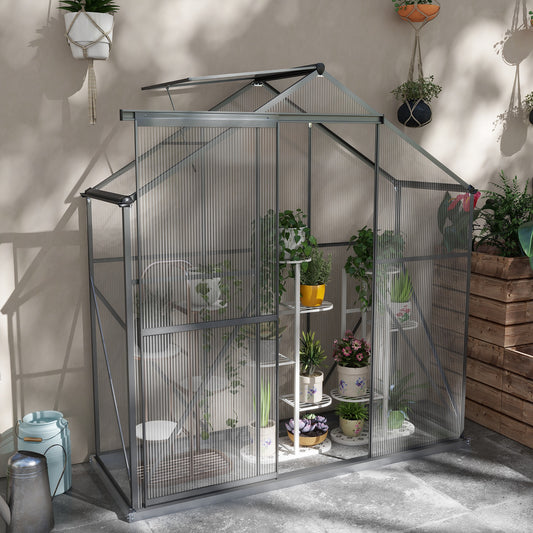 Outsunny 6 x 2.5ft Polycarbonate Greenhouse Walk-In Green House with Rain Gutter, Sliding Door, Window, Foundation, Dark Grey