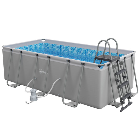 Outsunny Rectangle Steel Frame Swimming Pool with Ladder and Pump - Grey