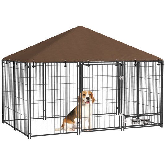 PawHut Outdoor Dog Kennel Puppy Play Pen with Canopy Garden Playpen Fence Crate Enclosure Cage Rotating Bowl 211 x 141 x 151 cm