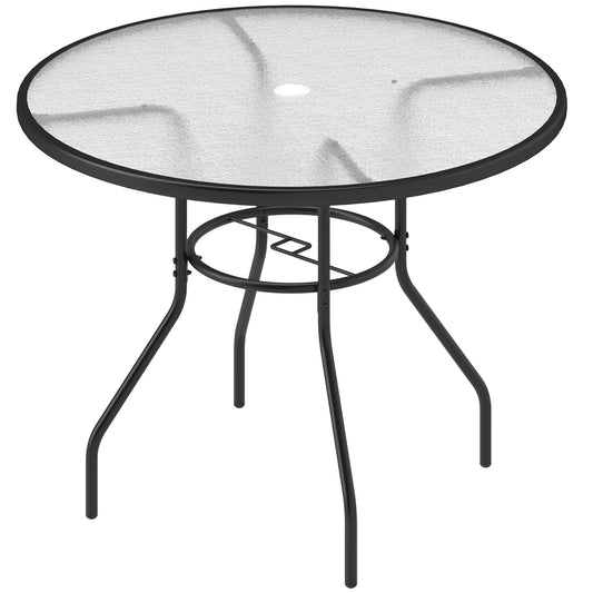 Outsunny 100 cm Round Dining Table with Parasol Hole, Outdoor Coffee End Side Table with Tempered Glass Top, Steel Frame for Garden, Black