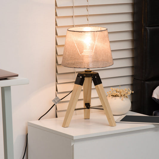 HOMCOM Wooden Tripod Table Lamp for Side, Desk or End Table with E27 Bulb Base√Ø¬ºÀÜGrey Shade√Ø¬º‚Ä∞