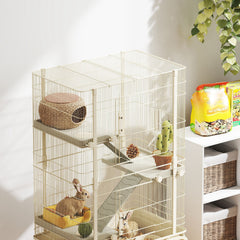 PawHut 4 Levels Rolling Small Animal Cage, Rabbit Cage with 3 Ramps, Water Bottle, Food Dish, 15cm Deep Tray, Beige