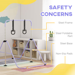 HOMCOM Adjustable Height, Foldable Kids Gymnastics Bar w/ Non-slip Rubber Floor Rings, for 3+ Years, Purple