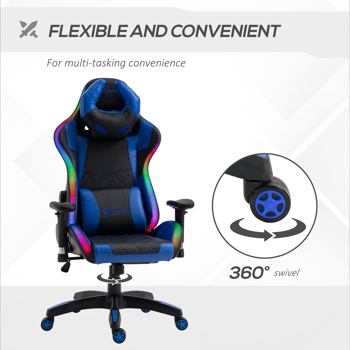 Vinsetto Racing Gaming Chair with RGB LED Light, Lumbar Support, Swivel Home Office Computer Recliner High Back Gamer Desk Chair, Black Blue