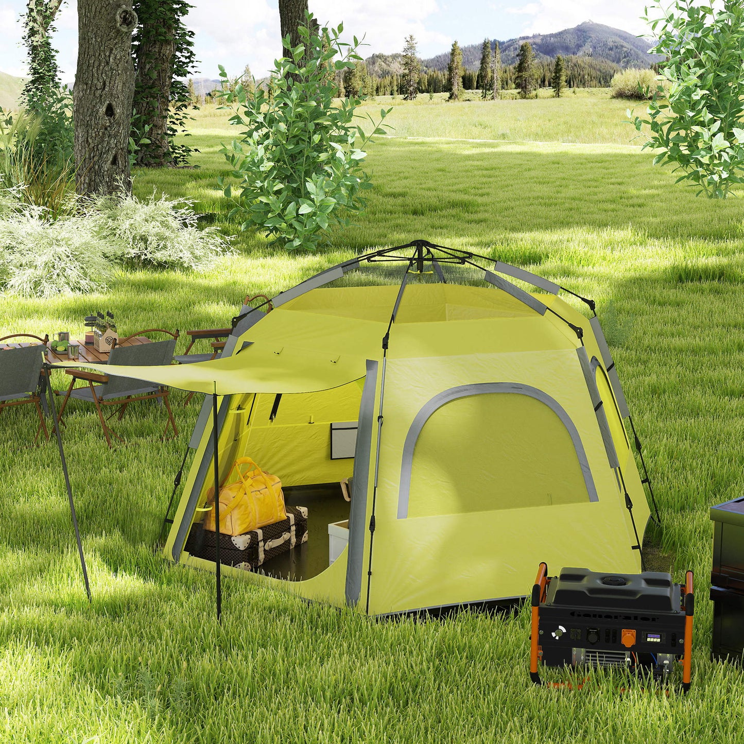 Outsunny Instant Pop Up Camping Tent, 2/3/4 Person Easy Setup Dome Family Tent with Vestibule, Rainfly, 4 Mesh Windows & 2 Doors, Hexagonal Design, Waterproof & UV Protected, Yellow Green