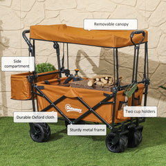 Outsunny Folding Trolley Cart Storage Wagon Beach Trailer 4 Wheels with Handle Overhead Canopy Cart Push Pull For Shopping Camping, Orange