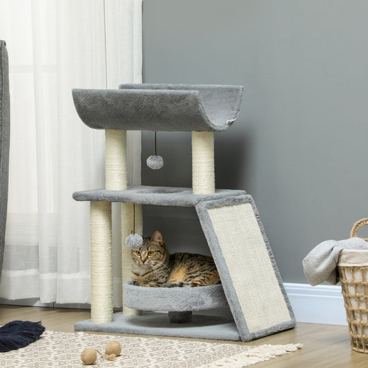 PawHut Cat Tree Tower, with Scratching Posts, Pad, Bed, Perch, Toy Ball - Light Grey