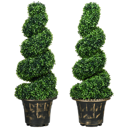 HOMCOM Set of 2 Artificial Plants, Topiary Spiral Boxwood Trees with Pot, for Home Indoor Outdoor Decor, 90cm