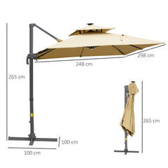 Outsunny 3m Cantilever Parasol, Outdoor Offset Patio Umbrella, Solar LED Lighted Hanging Sun Shade Canopy with Tilt and Crank Handle, Cross Base for Lawn, Khaki