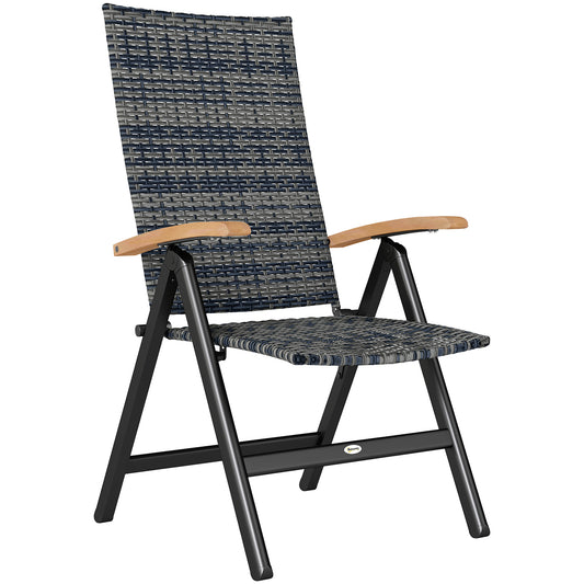 Outsunny Outdoor Folding Rattan Chair with Armrests, High Backrest, for Garden, Camping, Balcony, Porch - Mixed-grey