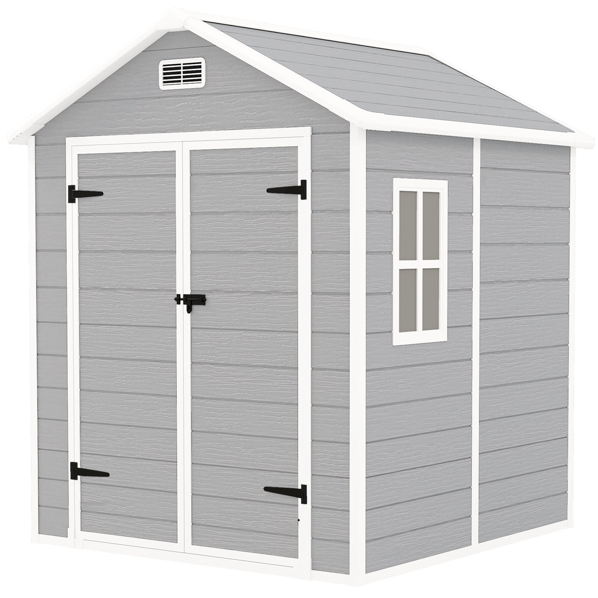 Outsunny 6 x 5ft Garden Shed, Plastic Shed with Floor, Window, Lockable Doors and Vents, Wood Effect Resin Tool Shed for Outdoor Patio, Light Grey