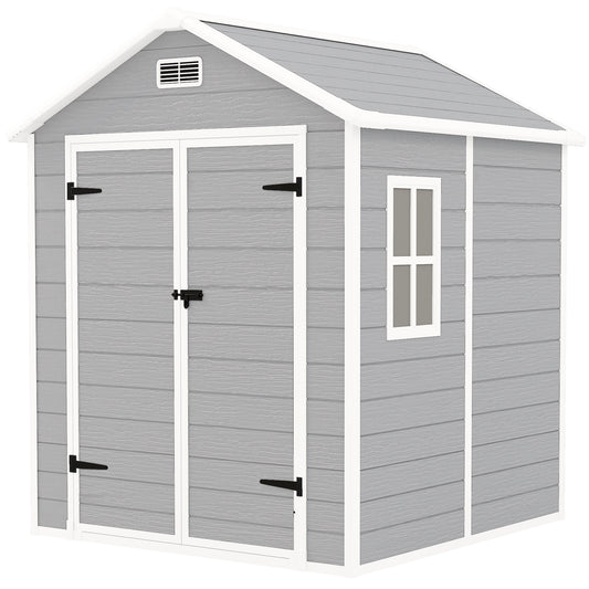 Outsunny 6 x 5ft Garden Shed, Plastic Shed with Floor, Window, Lockable Doors and Vents, Wood Effect Resin Tool Shed for Outdoor Patio, Light Grey