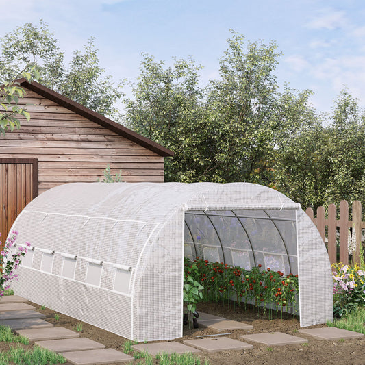 Outsunny 6 x 3 x 2 m Polytunnel Greenhouse with Roll-up Side Walls, Walk-in Grow House Tent with Steel Frame, Reinforced Cover, Zipped Door and 12 Mesh Windows for Garden, White