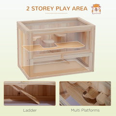 PawHut Wooden Hamster Cage Mouse Mice Rodent Small Animals Hutch Exercise Play House 60 x 35 x 42cm, Natural Wood Finish