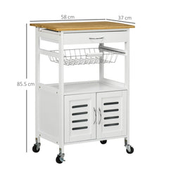 HOMCOM Rolling Kitchen Island Trolley Utility Cart on Wheels with Bamboo Table Top, Storage Cabinet, Drawer and Wire Basket