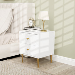 HOMCOM Elegant Two-Drawer Bedside Table - White/Gold-Tone