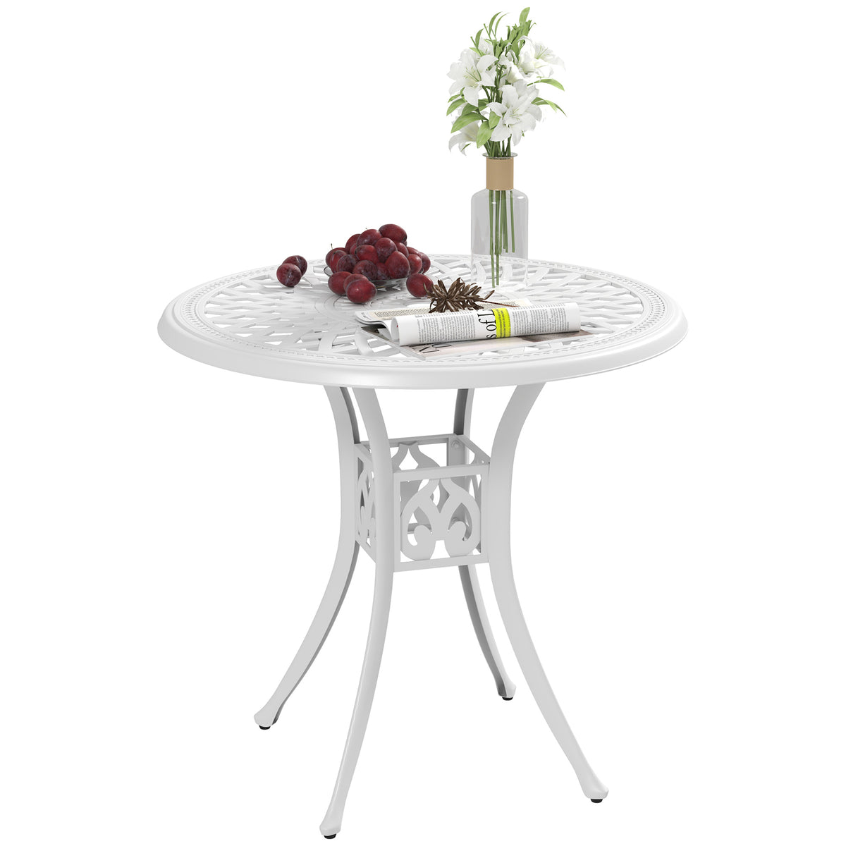 Outsunny 78 cm Round Garden Dining Table with Parasol Hole Antique Cast Aluminium Outdoor Table Only, White