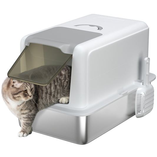 PawHut Stainless Steel Cat Litter Box with Removable Lid, Scoop, Filter Bags, for Larger Cats, White