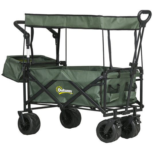 Outsunny Folding Trolley Cart Storage Wagon Beach Trailer 4 Wheels with Handle Overhead Canopy Cart Push Pull for Camping, Green