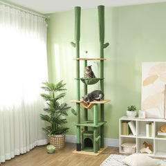 PawHut 225-255cm Adjustable Floor to Ceiling Cat Tree, Tall Cat Tower for Indoor Cats w/ Scratching Posts, Green