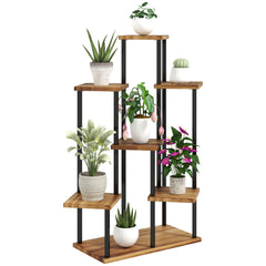 Outsunny 7 Tier Plant Stand Indoor Outdoor, Tiered Corner Steel Wood Plant Shelf for Multiple Plants, Tall Flower Stand Display Rack for Garden Patio Balcony Living Room, Carbonised Finish