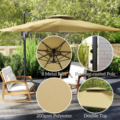 Outsunny Cantilever Parasol with Weighted Base Double Top Garden Parasol Square Hanging Patio Umbrella with Crank Tilt Khaki