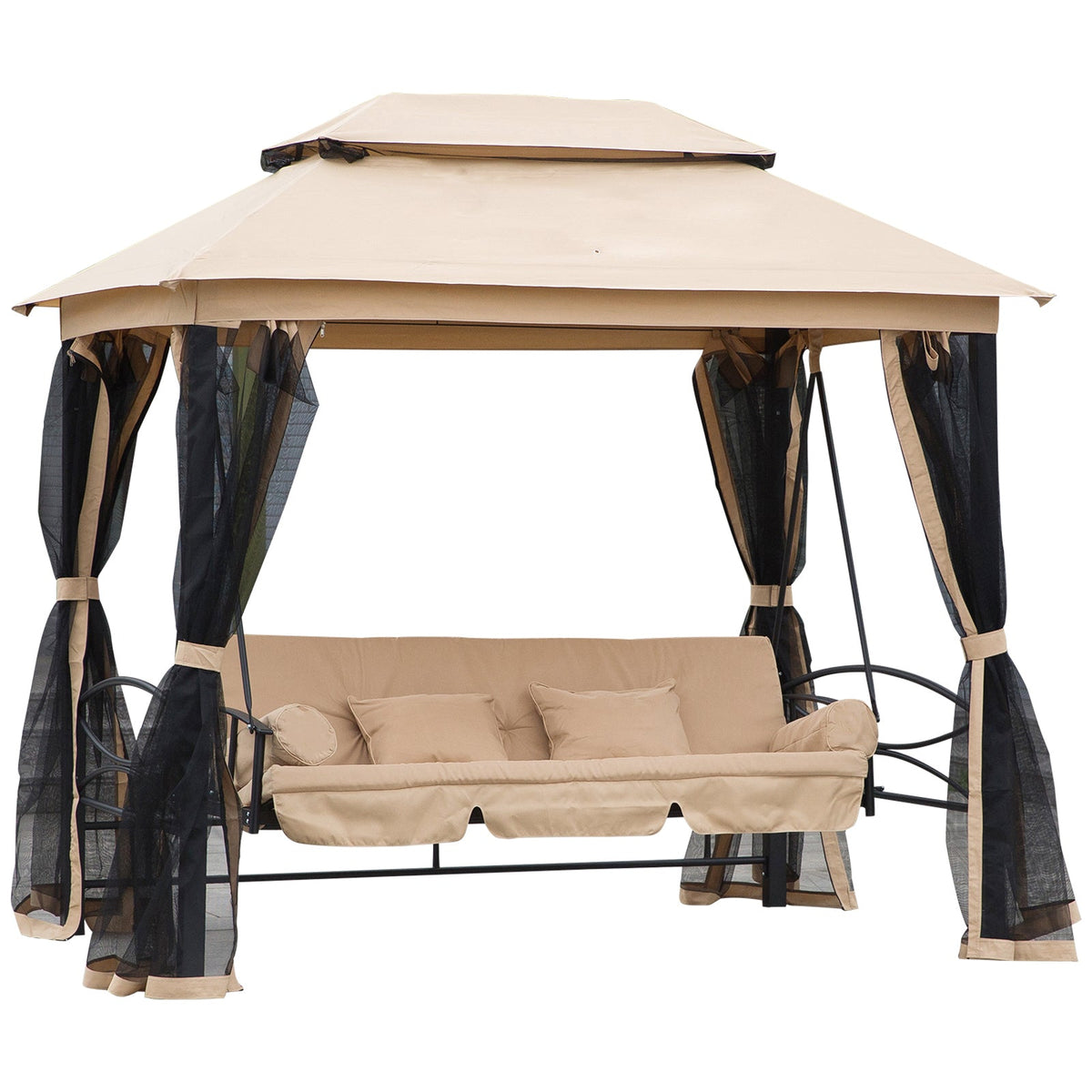 Outsunny 3 Seater Swing Chair 3-in-1 Convertible Garden Swing Seat Bed Gazebo Patio Bench Outdoor with Double Tier Canopy, Cushioned Seat, Mesh Sidewalls, Beige