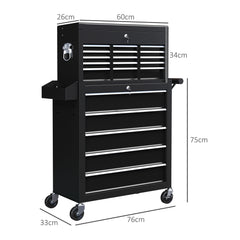 HOMCOM 19 Drawer, Two-Part Tool Storage Chest on Wheels - Black