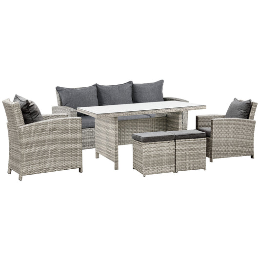 Outsunny 6 Pieces PE Rattan Garden Furniture Set with Three-seat, Armchairs and Footstools, Aluminium Patio Wicker Dining Sets w/ Glass Top Dining Table, Soft Cushion, Light Grey