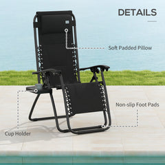 Outsunny Zero Gravity Lounger Chair, Folding Reclining Patio Chair with Padded Seat, Cup Holder, Soft Cushion and Headrest for Poolside, Camping, Black