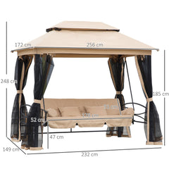 Outsunny 3 Seater Swing Chair 3-in-1 Convertible Garden Swing Seat Bed Gazebo Patio Bench Outdoor with Double Tier Canopy, Cushioned Seat, Mesh Sidewalls, Beige